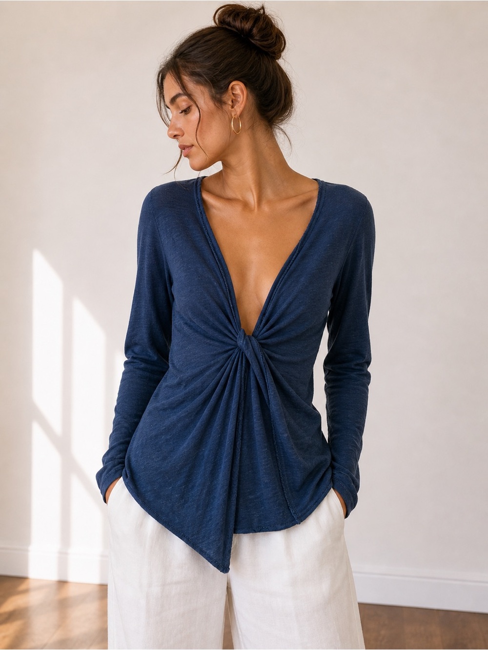 Cut Loose Linen Navy Twist Front Long Sleeve Top Soft Drape Size XL Quiet Luxury
